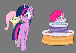 Size: 1028x719 | Tagged: safe, artist:cotarsis, derpibooru import, fluttershy, pinkie pie, twilight sparkle, unicorn twilight, pegasus, pony, unicorn, gray background, horn, looking at you, mlp fim's fourteenth anniversary, simple background, sketch, wip