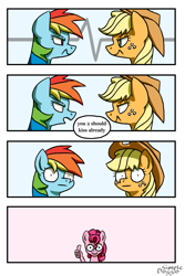 Size: 2000x3000 | Tagged: safe, artist:simpledoggo, derpibooru import, applejack, pinkie pie, rainbow dash, earth pony, pegasus, pony, g4, 4 panel comic, angry, appledash, applejack's hat, clothes, comic, cowboy hat, female, freckles, hand, hat, lesbian, mare, shipper on deck, shipping, simple background, speech bubble, suddenly hands, surprised, thumbs up, trio fe, white background