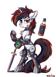 Size: 1481x2050 | Tagged: safe, artist:weiling, derpibooru import, oc, oc only, oc:blackjack, pony, unicorn, fallout equestria, fallout equestria: project horizons, amputee, bipedal, chest fluff, collar, cute, cybernetic legs, ear fluff, ears, fanfic art, female, female oc, horn, level 2 (project horizons), looking at you, mare oc, prosthetic leg, prosthetic limb, prosthetics, simple background, sword, unicorn oc, weapon, white background