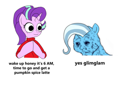 Size: 2574x1792 | Tagged: safe, artist:simpledoggo, derpibooru import, starlight glimmer, trixie, pony, unicorn, g4, clothes, dick flattening, duo, duo female, female, horn, lesbian, mare, meme, shipping, simple background, startrix, sweater, white background, wojak