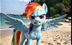 Size: 1216x768 | Tagged: safe, ai content, derpibooru import, machine learning generated, rainbow dash, pegasus, pony, g4, angry, beach, collage, cute, detailed, detailed background, female, lidded eyes, looking at you, mare, ocean, outdoors, prompter:yuduz367, realistic, smiling, solo, standing, vhs, water