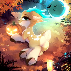 Size: 3394x3380 | Tagged: safe, artist:empress-twilight, derpibooru import, oc, oc:elain olsen, deer, deer pony, hybrid, original species, pony, antlers, commission, halloween, holiday, jack-o-lantern, outdoors, pumpkin, ych result, your character here