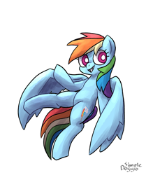 Size: 2000x2387 | Tagged: safe, artist:simpledoggo, derpibooru import, rainbow dash, pegasus, pony, g4, female, flying, looking at you, mare, simple background, smiling, solo, spread wings, white background, wings