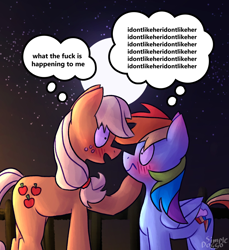 Size: 2000x2180 | Tagged: safe, artist:simpledoggo, derpibooru import, applejack, rainbow dash, earth pony, pegasus, pony, g4, appledash, blushing, denial, denial's not just a river in egypt, duo, duo female, female, fence, hoof on chin, lesbian, mare, night, night sky, shipping, sky, speech bubble, stars, vulgar