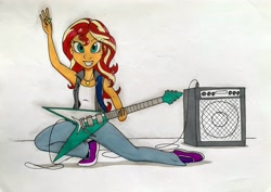 Size: 3500x2479 | Tagged: safe, artist:killerteddybear94, derpibooru import, sunset shimmer, human, equestria girls, g4, amplifier, clothes, denim, electric guitar, female, guitar, human female, jacket, jeans, jewelry, musical instrument, necklace, pants, smiling, traditional art