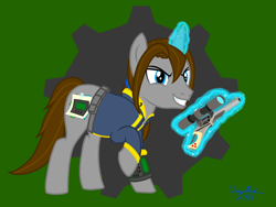 Size: 6096x4572 | Tagged: safe, artist:twiny dust, derpibooru import, oc, oc:dust, pony, unicorn, fallout equestria, clothes, cosplay, costume, fake cutie mark, gun, handgun, horn, implied littlepip, jumpsuit, levitation, little macintosh, magic, male, nightmare night, paper, pipbuck, ponytail, revolver, show accurate, smiling, smirk, stallion, tape, telekinesis, unicorn oc, vault suit, weapon