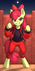 Size: 1024x2048 | Tagged: safe, artist:artesswren, derpibooru import, apple bloom, earth pony, pony, semi-anthro, g4, bipedal, crossover, drawtober, female, filly, foal, michael jackson, moon, solo, thriller, wall