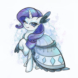 Size: 2048x2048 | Tagged: safe, artist:poniu, derpibooru import, rarity, pony, unicorn, abstract background, clothes, dress, female, full body, horn, looking at you, mare, one eye closed, smiling, solo, wink