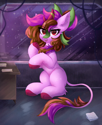 Size: 2711x3300 | Tagged: safe, artist:gaffy, derpibooru import, oc, oc only, oc:sharp stem, kirin, undead, vampire, blood, concave belly, ear fluff, ears, female, halloween, holiday, indoors, kirin oc, solo, space, stars, table, wires