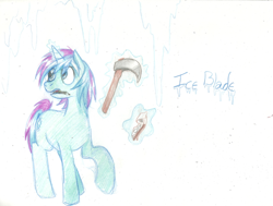 Size: 600x454 | Tagged: safe, artist:prismspark, derpibooru import, oc, oc only, oc:ice blade, pony, unicorn, colored pencil drawing, explorer, eye clipping through hair, glowing, glowing horn, horn, ice, looking away, magic, mouth hold, notebook, old art, open mouth, pencil, raised hoof, raised leg, simple background, telekinesis, traditional art, unicorn oc, white background