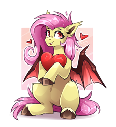 Size: 2314x2533 | Tagged: safe, artist:buvanybu, derpibooru import, fluttershy, bat pony, pegasus, pony, g4, bat ears, bat ponified, bat wings, ear tufts, flutterbat, heart, hoof hold, leg fluff, partially open wings, passepartout, race swap, red eyes, sitting, unshorn fetlocks, wings