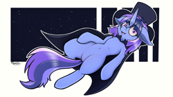 Size: 1920x1080 | Tagged: safe, artist:spoopy-abby, derpibooru import, oc, oc only, oc:flawless sparklemoon, pony, unicorn, cape, clothes, ears, featureless crotch, female, female oc, floating, floppy ears, fusion, fusion:trixie, fusion:twilight sparkle, fusion:twixie, hat, horn, lying down, mare, mare oc, my little pony the movie: the death of twilight sparkle, on back, pony oc, solo, unicorn oc