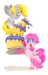 Size: 791x1233 | Tagged: safe, artist:lost marbles, derpibooru import, derpy hooves, pinkie pie, earth pony, pegasus, pony, g4, :o, anniversary, cake, candle, colored hooves, cutie mark, duo, duo female, female, flying, food, hooves, hooves on cheeks, mare, open mouth, simple background, traditional art, unshorn fetlocks, white background