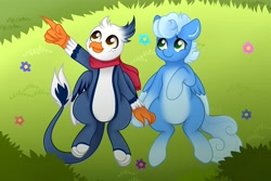 Size: 4096x2731 | Tagged: safe, artist:sweet cream, derpibooru import, oc, oc only, oc:cerulean skies, oc:windchaser, griffon, pegasus, blue, bro, bush, chest fluff, clothes, cloud watching, feather, flower, grass, griffon oc, holding hands, holding hooves, hooves, love, lying down, outdoors, pegasus oc, pointing, relationship, scarf, talons