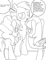 Size: 1480x1920 | Tagged: safe, artist:theponytickler, derpibooru import, pinkie pie, rainbow dash, twilight sparkle, twilight sparkle (alicorn), alicorn, pegasus, pony, female, implied tickling, mare, monochrome, simple background, tied up, trio, trio female, white background