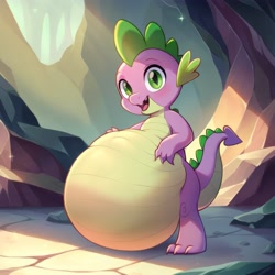 Size: 4096x4096 | Tagged: safe, ai content, derpibooru import, generator:pony diffusion v6 xl, generator:stable diffusion, machine learning generated, spike, dragon, g4, belly, big belly, fat, fat spike, huge belly, male, prompter:spikeytum, solo, stuffed