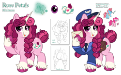 Size: 4000x2500 | Tagged: safe, artist:pink-pone, derpibooru import, cup cake, pinkie pie, oc, oc only, oc:rose petals, earth pony, pony, unicorn, horn, magical lesbian spawn, mailmare, offspring, parent:cup cake, parent:pinkie pie, parents:cakepie, reference sheet, simple background, solo, transparent background, unicorn oc