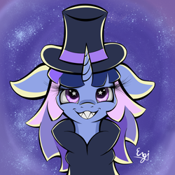 Size: 4200x4200 | Tagged: safe, artist:engi, derpibooru import, oc, oc only, oc:flawless sparklemoon, pony, unicorn, digital art, female, fusion, fusion:trixie, fusion:twilight sparkle, fusion:twixie, hat, horn, mare, my little pony the movie: the death of twilight sparkle, simple background, smiling, solo