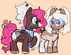 Size: 2000x1541 | Tagged: safe, artist:lastunicorn666, derpibooru import, oc, oc only, oc:cake pop, oc:milk n cookies, pegasus, pony, beige background, clothes, colored hooves, colored wings, duo, female, glasses, hooves, mare, multicolored hooves, multicolored wings, simple background, socks, striped socks, wings