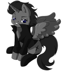 Size: 1276x1434 | Tagged: safe, derpibooru import, oc, oc only, oc:black cross, alicorn, pony, boots, clothes, crucifix, grin, jacket, male, shoes, signature, simple background, sitting, smiling, solo, stallion, transparent background, wings