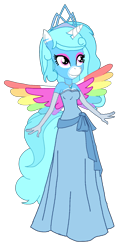 Size: 963x1951 | Tagged: safe, artist:laprincipiante, artist:mlp-headstrong, derpibooru import, oc, oc only, oc:jemimasparkle, anthro, base used, breasts, busty oc, clothes, colored wings, cute, dress, evening gloves, female, gloves, gown, jewelry, long gloves, multicolored wings, necklace, ocbetes, rainbow wings, smiling, solo, the princess and the frog, tiana, tiara, wings