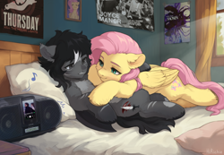 Size: 3462x2400 | Tagged: safe, artist:hirichie, derpibooru import, fluttershy, oc, oc:orias moonshadow, bat pony, pegasus, pony, g4, bat pony oc, bed, boombox, canon x oc, commission, cuddling, high res, indoors, ipod, listening to music, looking at each other, looking at someone, lying down, lying on bed, music, music notes, on bed, poster, romance, romantic, shipping, sony