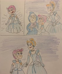 Size: 3024x3591 | Tagged: safe, artist:13mcjunkinm, derpibooru import, scootaloo, human, equestria girls, g4, adopted, adopted daughter, adopted offspring, amazed, choker, cinderella, clothes, comic, crossover, cute, cutealoo, dialogue in the description, dress, evening gloves, fairy godmother, female, gloves, gown, hair bun, hairband, hands together, holding hands, lipstick, long gloves, looking at each other, looking at someone, mother and child, mother and daughter, open mouth, open smile, parent and child, poofy shoulders, scootadoption, scootalove, smiling, smiling at each other, transforming clothes, trio