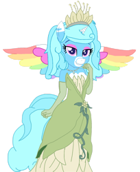 Size: 1280x1569 | Tagged: safe, artist:mlp-headstrong, derpibooru import, oc, oc:jemimasparkle, alicorn, anthro, pony, base used, clothes, colored wings, cute, dress, evening gloves, eyeshadow, female, gloves, gown, grin, jewelry, lidded eyes, long gloves, makeup, multicolored wings, necklace, ocbetes, rainbow wings, smiling, solo, the princess and the frog, tiana, tiara, wings