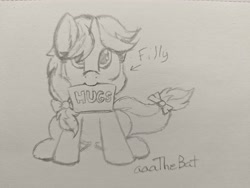 Size: 4080x3072 | Tagged: safe, artist:aaathebap, derpibooru import, oc, oc only, oc:crafty circles, unicorn, bow, cute, female, filly, foal, hair bow, horn, looking at you, looking up, looking up at you, pencil drawing, sign, sitting, solo, tail, tail bow, traditional art