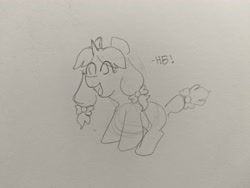 Size: 4080x3072 | Tagged: safe, derpibooru import, oc, oc only, oc:crafty circles, unicorn, bow, cute, female, filly, foal, hair bow, happy, horn, open mouth, pencil drawing, sketch, solo, tail, tail bow, traditional art