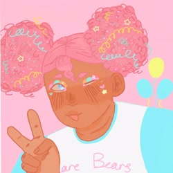 Size: 3224x3224 | Tagged: safe, artist:flutternutters, derpibooru import, pinkie pie, human, :p, afro puffs, alternate hairstyle, care bears, clothes, cute, dark skin, diapinkes, eyeshadow, female, humanized, makeup, one eye closed, peace sign, pink background, shirt, simple background, solo, tongue, tongue out, wink