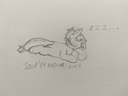 Size: 4080x3072 | Tagged: safe, derpibooru import, oc, oc only, oc:crafty circles, unicorn, bow, butt freckles, coat markings, cute, female, filly, foal, freckles, hair bow, horn, lidded eyes, lying down, onomatopoeia, pencil drawing, sketch, sleeping, snoring, socks (coat marking), solo, sound effects, tail, tail bow, traditional art, zzz