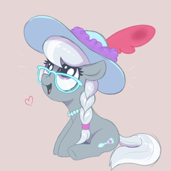 Size: 2400x2400 | Tagged: safe, artist:t72b, derpibooru import, silver spoon, earth pony, pony, beige background, braid, cute, feather, female, filly, flower, foal, glasses, happy, hat, heart, jewelry, looking at something, looking up, necklace, open mouth, open smile, pearl necklace, side view, silverbetes, simple background, sitting, smiling, sun hat