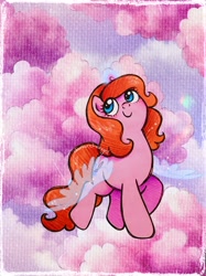 Size: 2248x3000 | Tagged: safe, artist:dariarchangel, derpibooru import, oc, oc only, oc:dazha, pony, unicorn, g4, adorable face, artificial wings, augmented, blue eyes, blushing, c:, cloud, cute, cute face, cute smile, female, female oc, flying, glowing, glowing horn, hairband, horn, in the clouds, in the sky, looking up, magic, magic aura, magic wings, mare, ocbetes, orange hair, orange mane, orange tail, pink cloud, pink coat, pony oc, redhead, sky, small horn, smiling, smol, solo, sparkles, sweet dreams fuel, tail, too cute, traditional art, transparent wings, unicorn oc, wavy hair, wavy mane, wavy tail, weapons-grade cute, wings