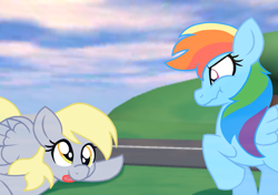 Size: 2555x1800 | Tagged: safe, artist:chaosimp2006, derpibooru import, derpy hooves, rainbow dash, pegasus, g4, background, duo, female, outdoors, roblox, show accurate, stifling laughter