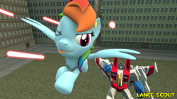 Size: 1920x1080 | Tagged: safe, artist:lancescout, rainbow dash, pegasus, pony, robot, g4, 3d, crossover, female, male, remake, source filmmaker, starscream, starscream vs rainbow dash, transformers