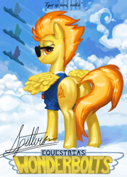 Size: 1500x2100 | Tagged: safe, artist:redruin01, derpibooru import, spitfire, pegasus, pony, g4, butt, female, firebutt, looking at you, looking back, looking back at you, mare, my eyes are up here, outdoors, pinup, plot, poster, solo focus, spread wings, sunglasses, wings