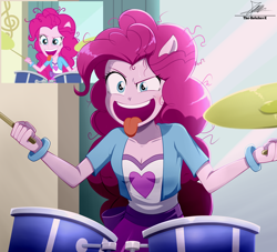 Size: 2134x1934 | Tagged: safe, artist:the-butch-x, derpibooru import, pinkie pie, human, series:butch's frame redrawn, equestria girls, g4, pinkie on the one, arms, bolero jacket, bracelet, breasts, bust, canterlot high, classroom, cleavage, clothes, drum sticks, drums, eye twitch, eyelashes, female, fingers, hand, happy, holding, indoors, jewelry, long hair, messy hair, musical instrument, open mouth, open smile, ponied up, scene interpretation, school, screencap reference, shirt, short sleeves, signature, sitting, skirt, sky, smiling, solo, teenager, teeth, tongue, tongue out, vest, window