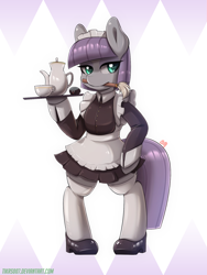 Size: 1200x1600 | Tagged: safe, artist:tikrs007, derpibooru import, boulder (pet), maud pie, earth pony, semi-anthro, clothes, commission open, maid, mouth hold, serving tray, solo, teapot