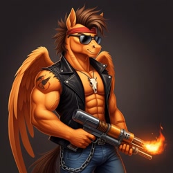 Size: 1024x1024 | Tagged: safe, ai content, derpibooru import, machine learning generated, hoops, anthro, pegasus, series:g.i. pony: a real equestrian hero, g4, clothes, cosplay, costume, dreadnoks, flamethrower, g.i. joe, generator:google imagen 3.0, gradient background, leather, leather vest, male, prompter:zerowinger, skull necklace, solo, sunglasses, tattoo, torch, vest, weapon