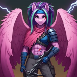 Size: 1024x1024 | Tagged: safe, ai content, derpibooru import, machine learning generated, aria blaze, anthro, pegasus, pony, series:g.i. pony: a real equestrian hero, abs, armor, breasts, clothes, cosplay, costume, crossbow, dreadnoks, equestria girls anthropized, equestria girls ponified, evil smile, female, g.i. joe, generator:google imagen 3.0, gradient background, poncho, ponified, prompter:zerowinger, smiling, solo, species swap, spread wings, tattoo, weapon, wings, zandar