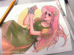 Size: 750x563 | Tagged: safe, artist:pplaoxiansheng, derpibooru import, fluttershy, butterfly, human, g4, female, hairpin, humanized, solo, traditional art, winged humanization, wings