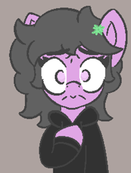 Size: 447x590 | Tagged: safe, artist:trash mare, derpibooru import, oc, oc only, oc:doomy gloom, earth pony, pony, clothes, clover, eyebrows, eyebrows visible through hair, female, hoodie, looking at you, neet, simple background, solo