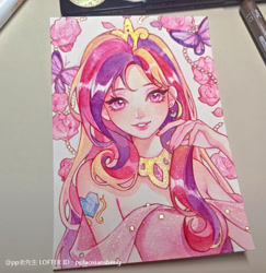 Size: 750x771 | Tagged: safe, artist:pplaoxiansheng, derpibooru import, princess cadance, butterfly, human, g4, alternative cutie mark placement, bare shoulder portrait, bare shoulders, bust, cutie mark on human, ear piercing, female, flower, humanized, jewelry, piercing, portrait, regalia, shoulder cutie mark, solo, traditional art