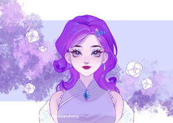 Size: 750x531 | Tagged: safe, artist:pplaoxiansheng, derpibooru import, rarity, human, g4, abstract background, bust, female, humanized, looking at you, smiling, smiling at you, solo