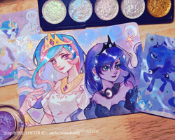 Size: 750x599 | Tagged: safe, artist:pplaoxiansheng, derpibooru import, princess celestia, princess luna, alicorn, human, pony, g4, clothes, dress, duo, ear piercing, earring, female, humanized, irl, jewelry, mare, paint, photo, piercing, regalia, royal sisters, siblings, sisters, traditional art, watercolor painting