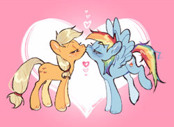 Size: 3304x2416 | Tagged: safe, artist:azaani, derpibooru import, applejack, rainbow dash, earth pony, pegasus, pony, g4, appledash, duo, duo female, eyes closed, female, hatless, heart, heart background, kiss on the lips, kissing, lesbian, mare, missing accessory, shipping, spread wings, wings