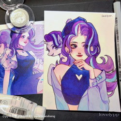 Size: 750x750 | Tagged: safe, artist:pplaoxiansheng, derpibooru import, starlight glimmer, human, pony, g4, ear piercing, eye clipping through hair, horn, horned humanization, human ponidox, humanized, piercing, self paradox, self ponidox, solo, traditional art