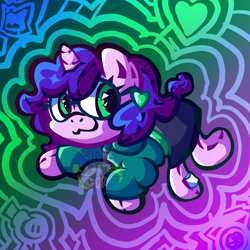 Size: 3632x3632 | Tagged: safe, artist:endercatcore, derpibooru import, oc, oc only, oc:artshine aura, original species, pony, unicorn, abstract background, glasses, gradient background, horn, nonbinary oc, plush pony, plushie, ponysona, solo, unicorn oc, watermark