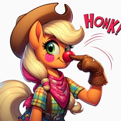 Size: 1024x1024 | Tagged: safe, ai content, derpibooru import, generator:bing image creator, generator:dall-e 3, machine learning generated, applejack, anthro, earth pony, bandana, boop, clothes, clown, clown nose, female, gloves, hat, honk, prompter:heydude5321, red nose, rodeo clown, self-boop, simple background, solo, tail